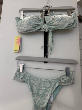 GUESS Seafoam Green & White Tropical Bandeau Bikini (medium top / small bottom)